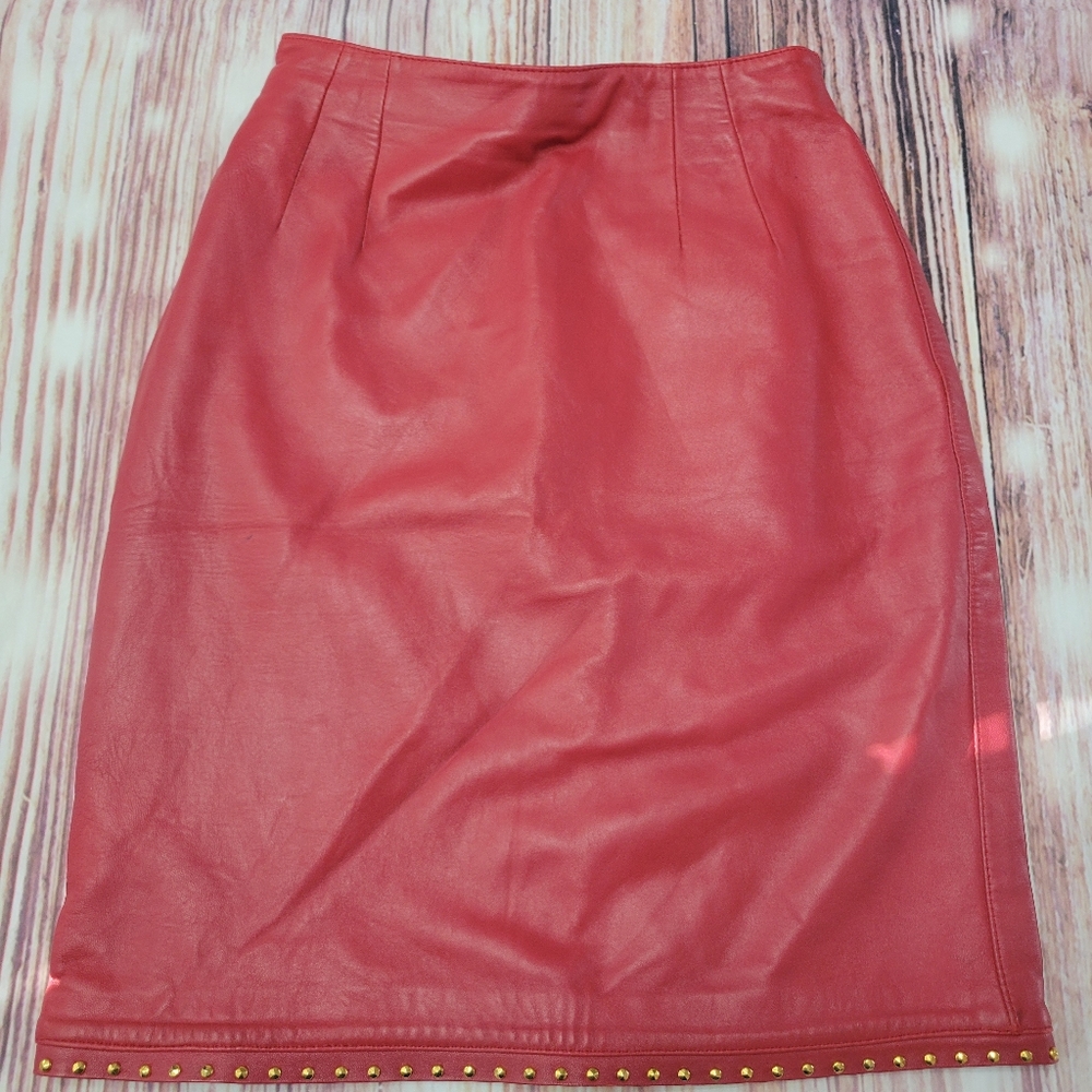 Vintage Leather Pencil Skirt Red Gold Detail Classic Staple Bold 6